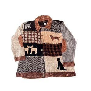 Vintage Sweater Sweater XL Chenille Patchwork Dog Novelty Button Up Cardigan